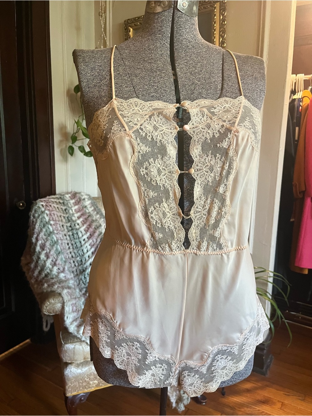 Lace Trim Silk-Feel Romper Cami in Champagne